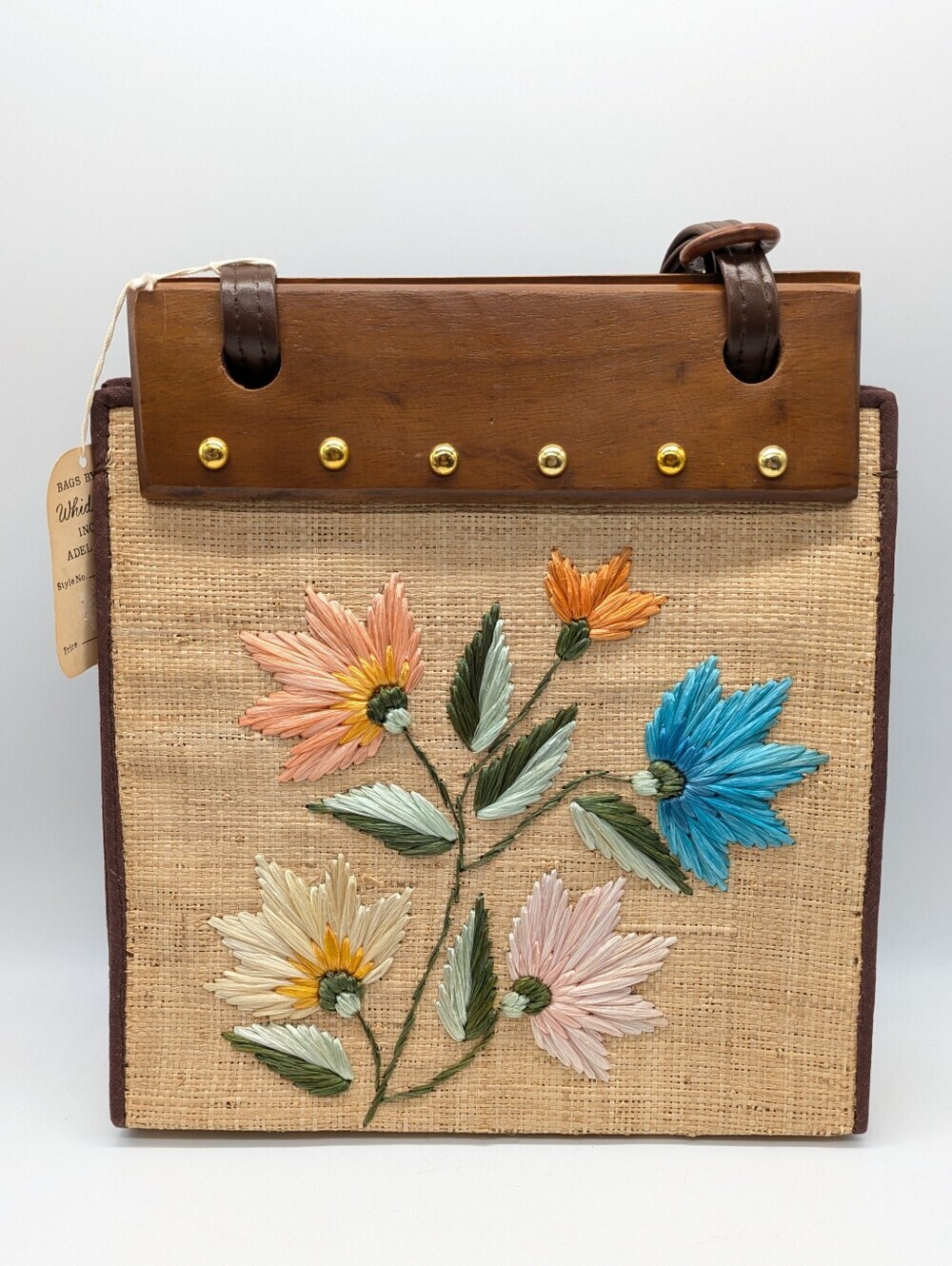 NWT Whidby 50s 60s Deadstock Woven Straw Raffia Floral Wood Handbag